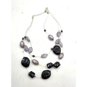 Multi-Strand Beaded Necklace In Black & Gray With Adjustable Chain